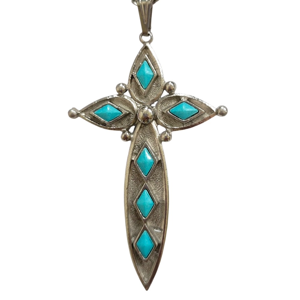 Silver and Turquoise Cross Pendant  Necklace